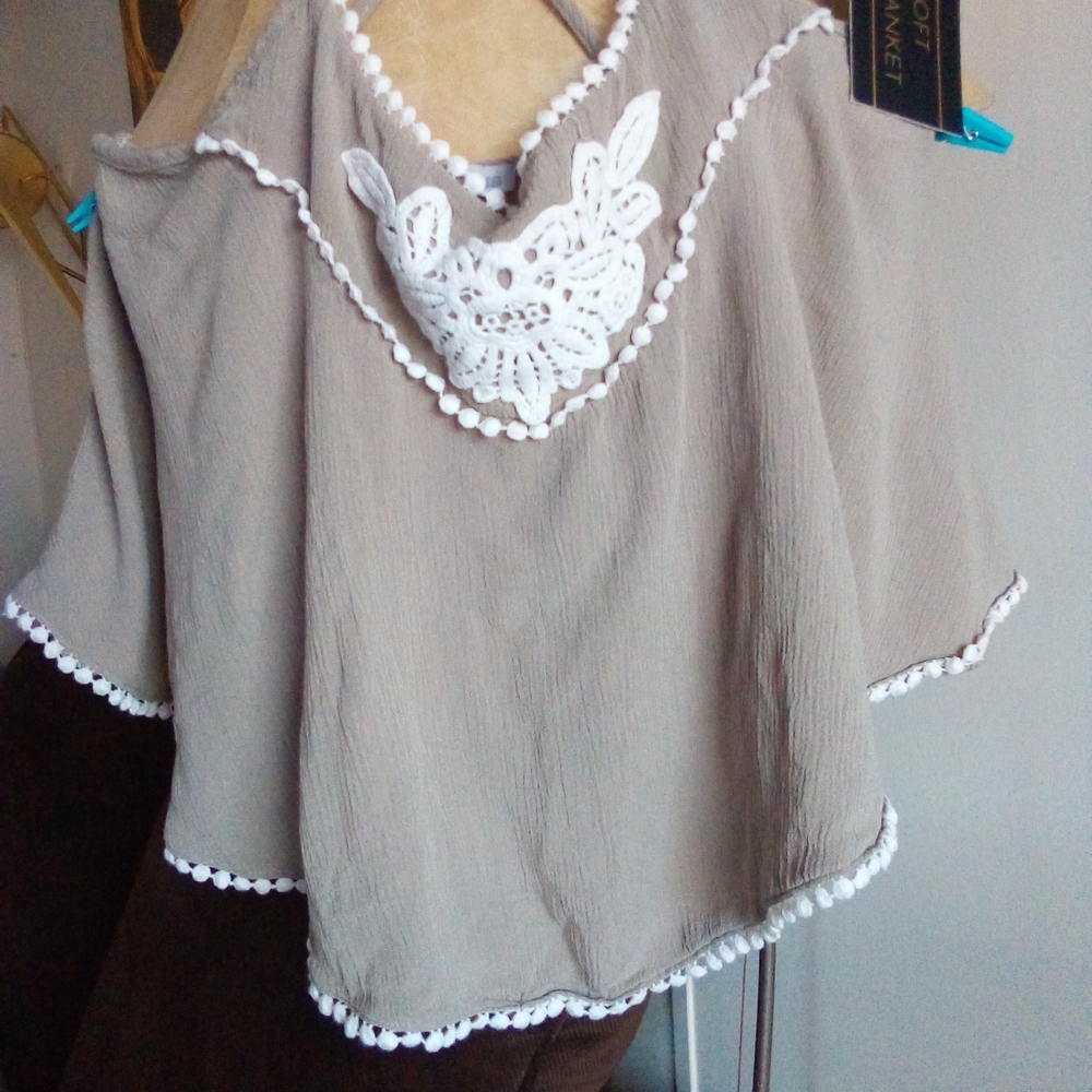 Charlotte Russe Tan Crop Top with Bell Sleeves and Asymmetrical Design
